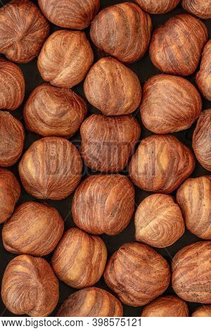 Hazelnuts Heap As A Background. Top View. Flat Lay. Hazel Nuts
