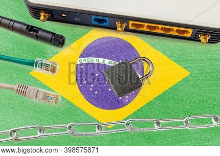 Brazil Internet Censorship And Security Concept. Flag In The Background Of The Internet Connection S