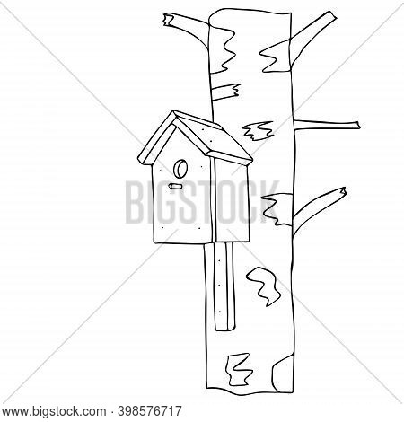 Black Hand Drawn Outline Vector Illustration Of A Birdhouse Or Squirrel House For Birds Or Squirrel 