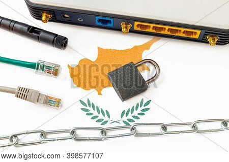 Cyprus Internet Censorship And Security Concept. Flag In The Background Of The Internet Connection S