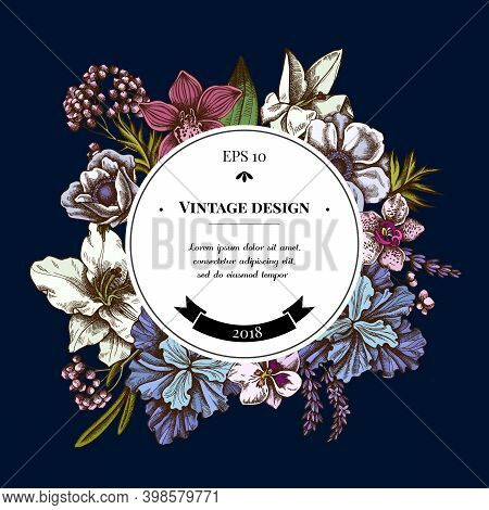 Badge Over Design With Anemone, Lavender, Rosemary Everlasting, Phalaenopsis, Lily, Iris Stock Illus