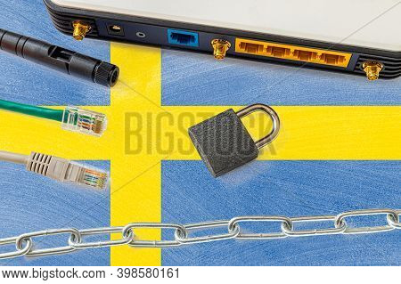 Sweden Internet Censorship And Security Concept. Flag In The Background Of The Internet Connection S