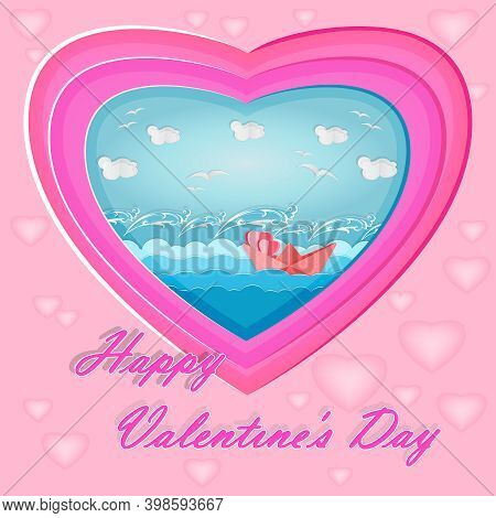 Valentine's Day Greeting Cards With Red Heart And Sea Landscape With Boat On Pink Background. Paper 