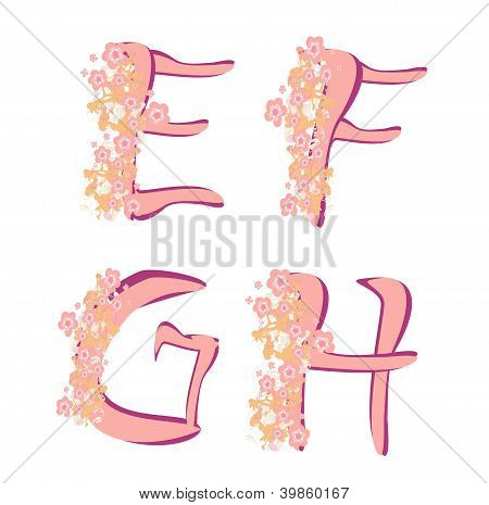 Primavera de vetor alfabeto com flores letras E, f, g, h,