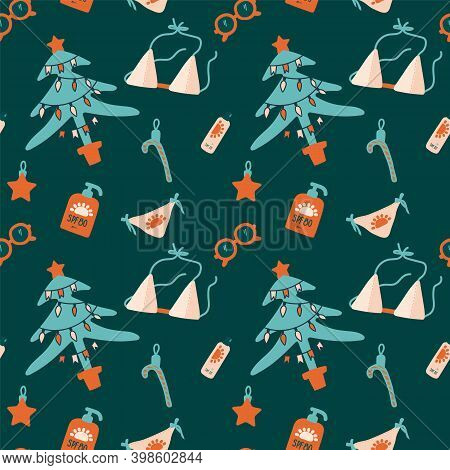Safety In The Sun New Year. New Year On The Beach Pattern. Vector Illustrations Hand-drawn Swimsuit,