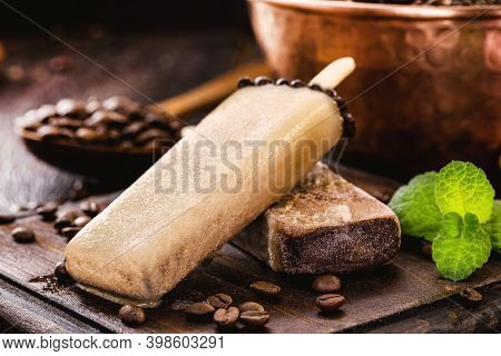 Coffee Popsicle, Home Made Sweet Ice Cream, Cappuccino Popsicle. Rare, Gourmet Ice Cream Or Ice Pop