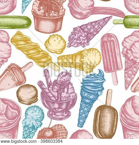 Seamless Pattern With Hand Drawn Pastel Ice Cream Bowls, Ice Cream Bucket, Popsicle Ice Cream, Ice C
