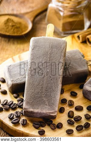 Coffee Popsicle, Home Made Sweet Ice Cream, Cappuccino Popsicle. Rare, Gourmet Ice Cream Or Ice Pop