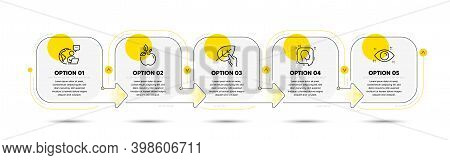 Eco Food, Head And Organic Tested Line Icons Set. Timeline Process Flowchart. Health Eye Sign. Organ