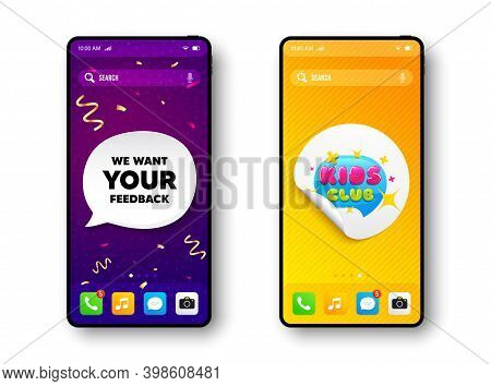 Kids Club Banner. Phone Mockup Vector Confetti Banner. Fun Playing Zone Sticker. Children Games Part