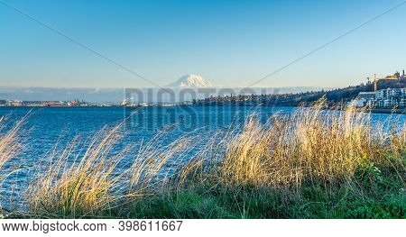 A View Of The Port Of Tacoma And Mount Rainier From Ruston, Washington.