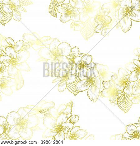 Beautiful Golden Seamless Floral Pattern With Apple Flowers Over White. Nature Botanical Gold Vector