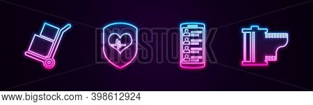 Set Line Hand Truck And Boxes, Shield Heart Rate, Smartphone With Contacts And Camera Film Roll Cart
