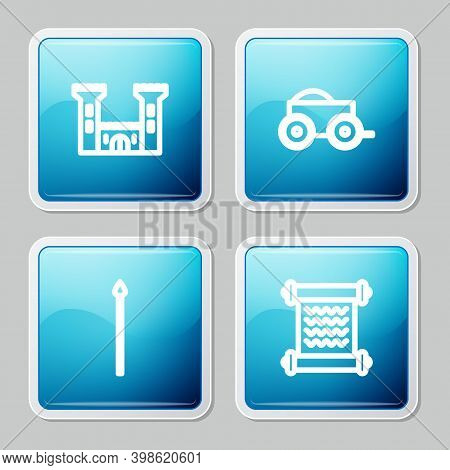 Set Line Castle, Wooden Four-wheel Cart, Medieval Spear And Decree, Parchment, Scroll Icon. Vector