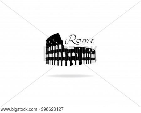 Rome Travel Landark Coliseum. Italian Famous Place Coliseum Silhouette Icon With Handwritten Letteri
