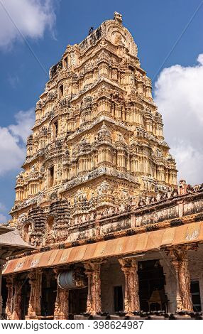 Hampi, Karnataka, India - November 4, 2013: Virupaksha Temple Complex. Closeup Of Yellow Stone Viman