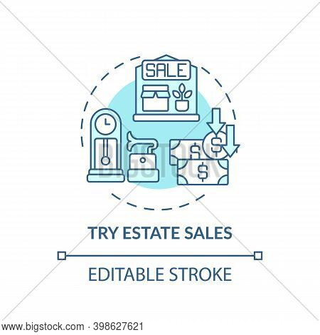 Trying Estate Sales Concept Icon. Tag Sales Idea Thin Line Illustration. Shopping Tip. Finding Barga