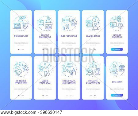 Virtual Assistant Work Dark Blue Onboarding Mobile App Page Screen With Concepts Set. Freelance Job 