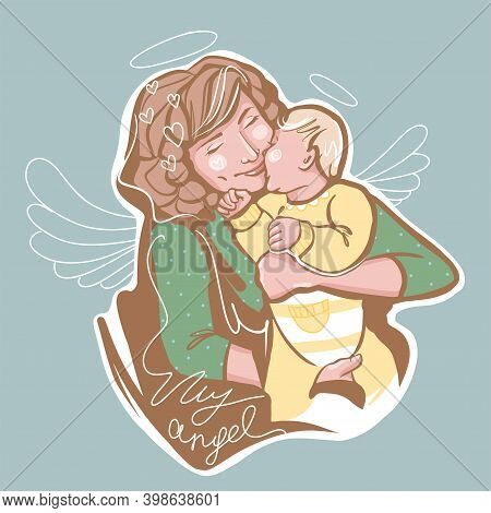 Beautiful Young Woman Mom And Her Adorable Little Baby In Her Arms. They Play, Hug, And Smile. Vecto