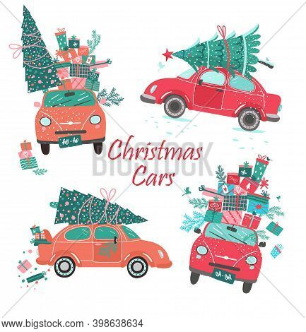 Vector Christmas Cars Set With Tree And Gifts. Cutr Design Set Icons Auto For Yours New Year Layouts