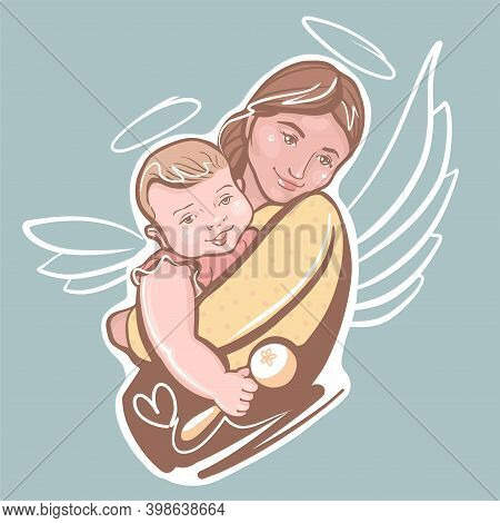 Beautiful Young Woman Mom And Her Adorable Little Baby In Her Arms. They Play, Hug, And Smile. Vecto