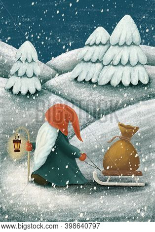 Scandinavian Gnome With Alight Lantern Carrying Bag Of Gifts On The Sleigh. Nordic Folklore Elf, Nis