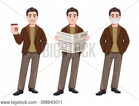 Stock Vector Businessman Cartoon Character In Flat Style, Set Of Three Poses. Young Handsome Busines