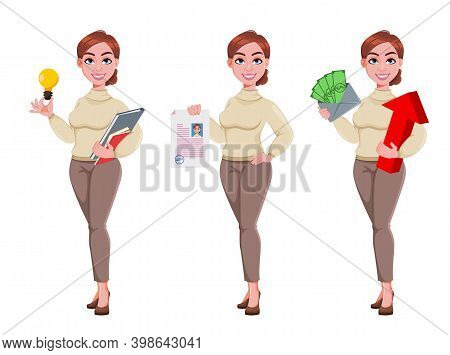 Stock Vector. Young Beautiful Business Woman Having A Good Idea, Holding Resume And Showing Income. 