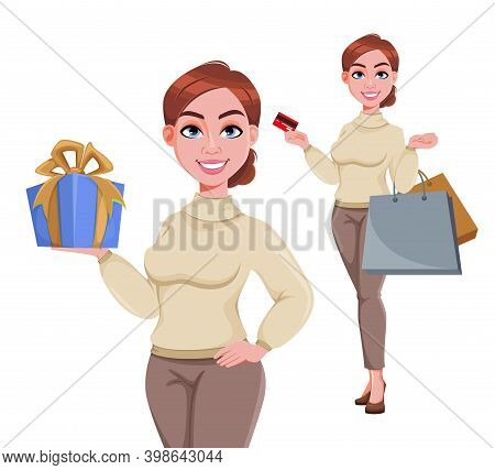 Stock Vector. Young Beautiful Business Woman. Pretty Businesswoman Cartoon Character In Flat Style, 