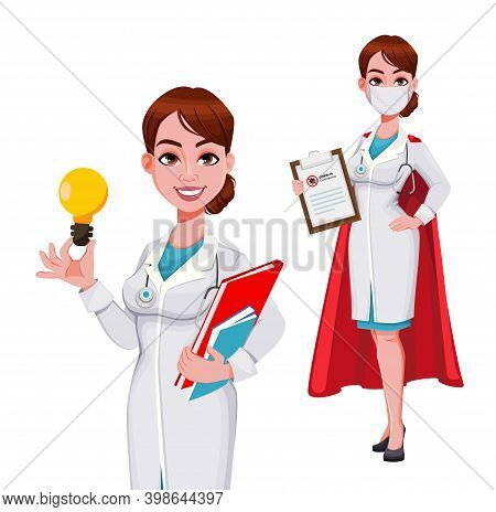 Stock Vector Cheerful Doctor Cartoon Character, Set Of Two Poses. Beautiful Young Woman Doctor. Vect