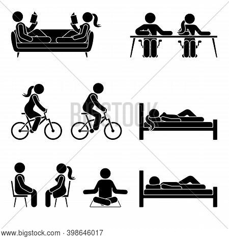 Young Active Stick Figure Male And Female Couple Reading, Writing, Riding Bicycle, Sleeping, Sitting