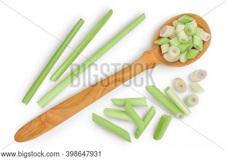 Fresh Lemongrass In Wooden Spoon Isolated On White Background With Clipping Path. Top View. Flat Lay