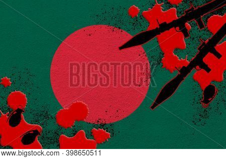 Bangladesh Flag And Rocket Launchers With Grenades In Blood. Concept For Terror Attack And Military 
