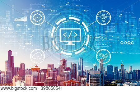 Web Development Concept With Downtown Chicago Cityscape Skyscrapers