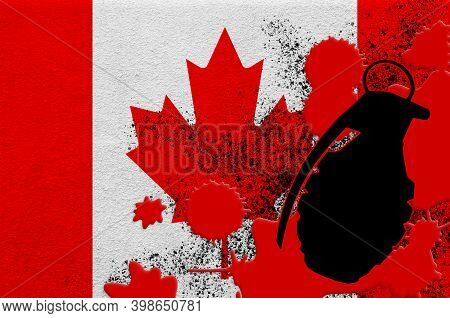 Canada Flag And Mk2 Frag Grenade In Red Blood. Concept For Terror Attack Or Military Operations With