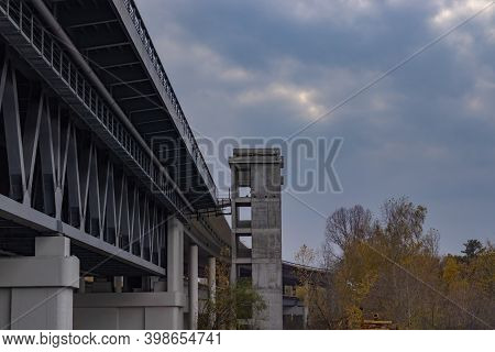 Unfinished Grey Bridge In Kyiv City. Bridge Construction To Island