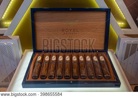 St. Moritz, Switzerland - November 26, 2020: A Box Of Expensive And Precious Davidoff Cigars In The 