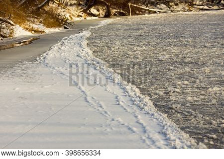 Beautiful Winter Landscape With Frosen River Winter View.