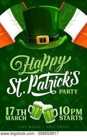 St Patrick Day Party Vector Invitation Poster With Ireland Flags, Leprechaun Hat With Golden Buckle 