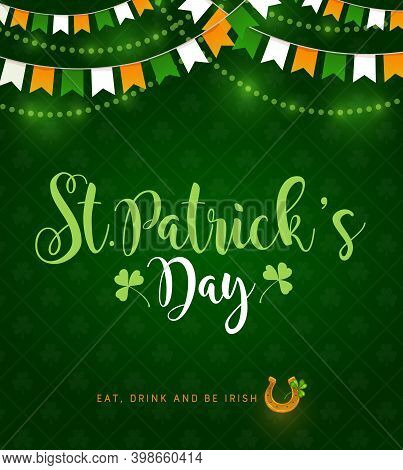 St Patrick Day Irish Traditional Holiday, Vector Poster With Shamrock Clover Pattern On Green Backgr