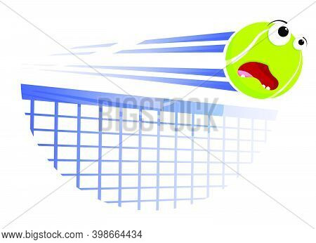 Loud Funny Scared Tennis Ball Flies With Great Speed After Great Hit Over Net. Sport Equipment. Vect