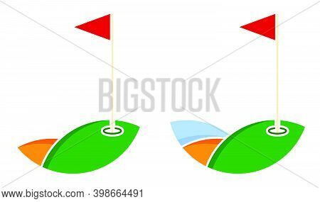 Set Triangular Golf Flag On Pole. Golf Hole On Course Marked With Flag. Active Lifestyle. Vector Iso