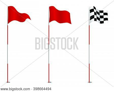 Triangular Red And Finishing Golf Flag On Pole. Golf Hole On Course Marked With Red Flag. Active Lif
