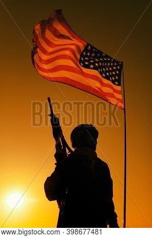 Silhouette Of Us Army Infantry Soldier, Special Forces Rifleman Veteran, Armed Assault Rifle Standin