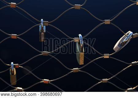 Several Padlocks On A Bridge Symbolizing Love
