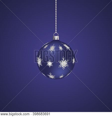 Christmas tree toy. Purple glass ball. Ornament from silver snowflakes. Colored vector illustration. Isolated purple background. The Christmas decoration is hung on a chain. Delicate decor for a festive interior. Frostwork. Christmas. New Year.