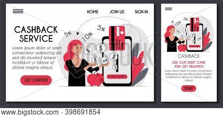 Website And App Template. Mobile Banking Receiving Cashback Paying By Card. Young Woman Getting Coin