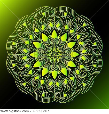 Yellow Greenish Line Art Leaf Mandala Design And Repeat Pattern Background
