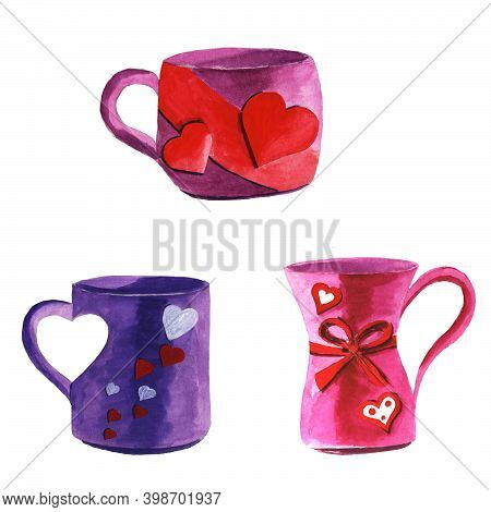 Set Of Cups With A Heart In Pink And Purple Watercolor, Valentines Day On A Transparent Background
