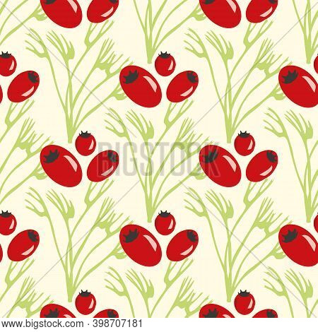 Green Lichen And Red Berries Seamless Vector Pattern Background. Hand Drawn Oakmoss Leaves And Brigh